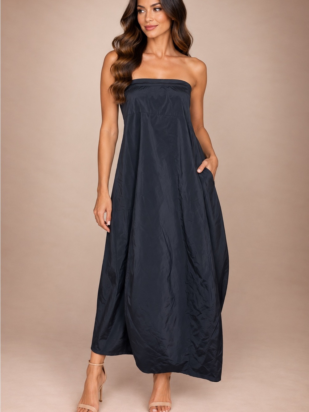 Tibi Strapless Black Maxi Dress with Pockets